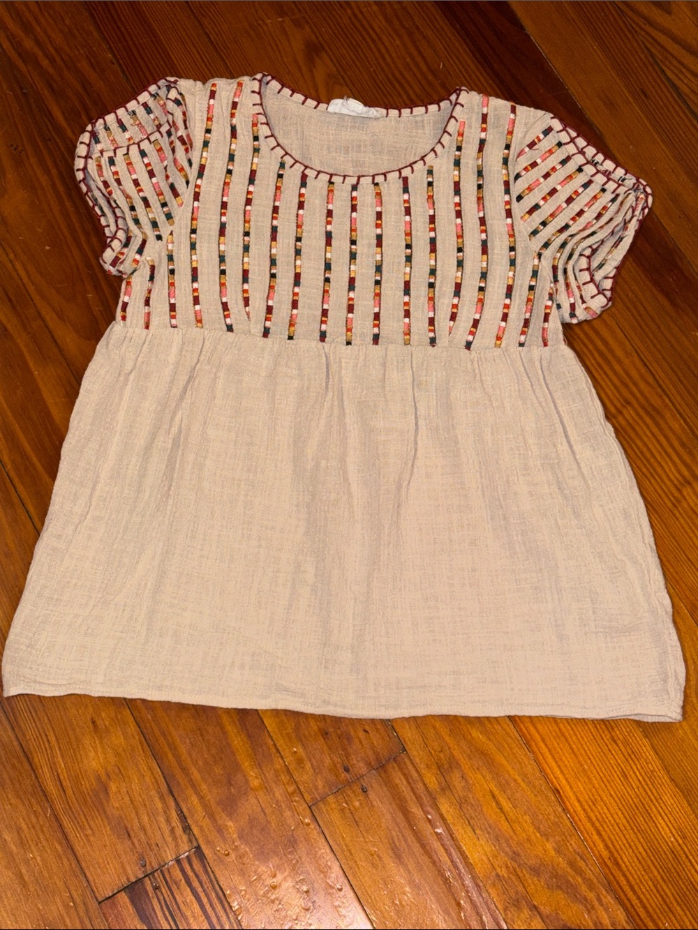 Cream Short-Sleeve Girls' Shirt with Multicolor Smocked Stripes